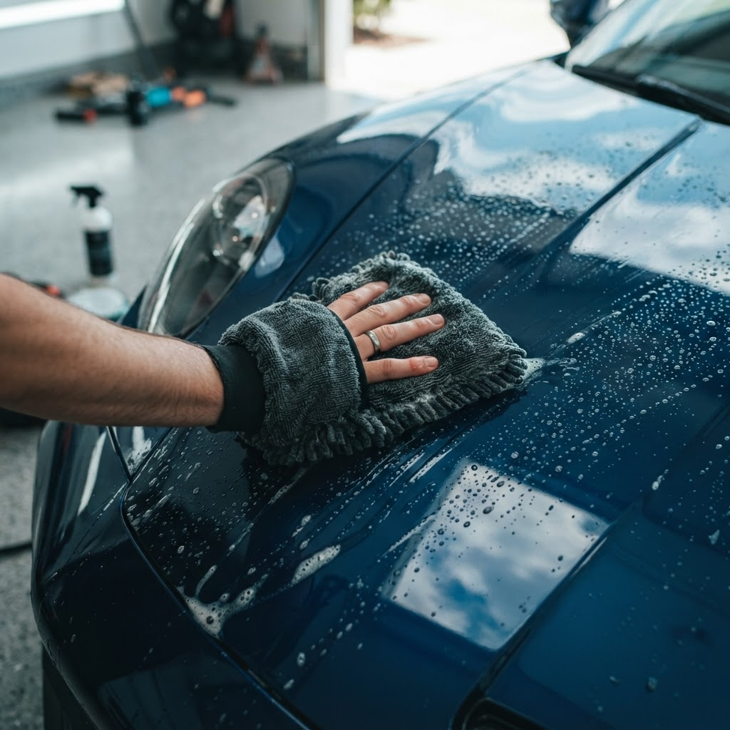 Close-up of a gloved hand polishing a clean car with water beading on the surface