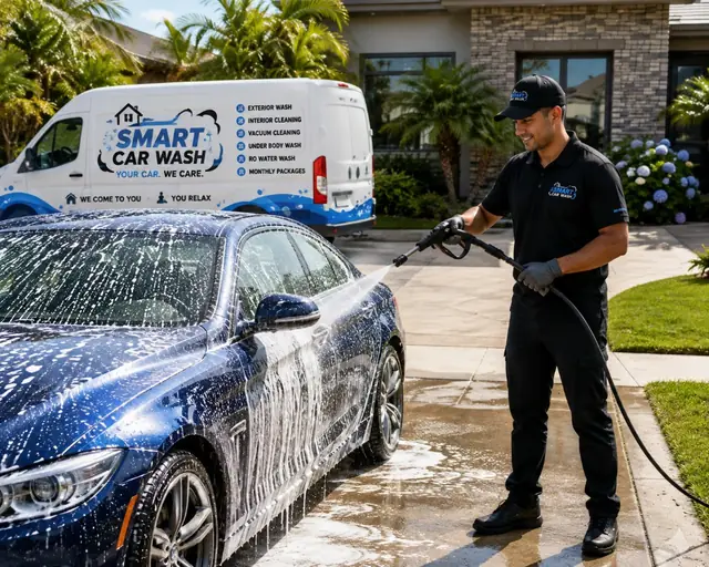 Close-up of a gloved hand polishing a clean car with water beading on the surface